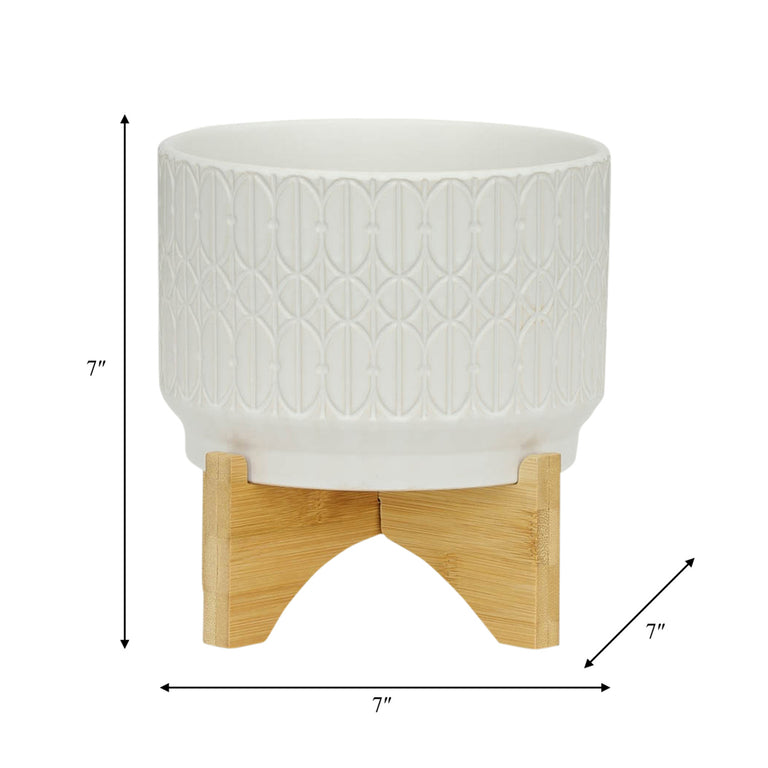 WHITE DECO EMBOSSED PLANTER & STAND | FLORA