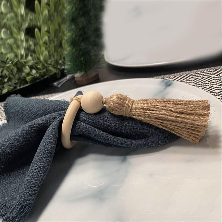 RUSTIC WOOD NAPKIN RINGS W/ TASSEL