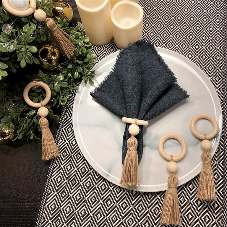 RUSTIC WOOD NAPKIN RINGS W/ TASSEL