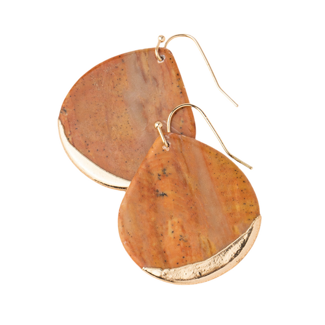 STONE DIPPED TEARDROP EARRING - PETRIFIED WOOD & GOLD