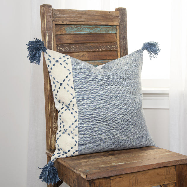 BJERRE IVORY/BLUE COLOR BLOCK MODERN INDUSTRIAL THROW PILLOW