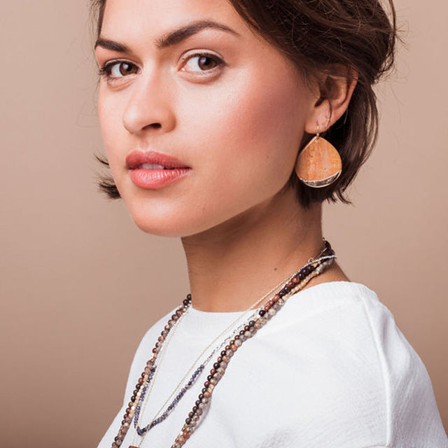 STONE DIPPED TEARDROP EARRING - PETRIFIED WOOD & GOLD | JEWELRY