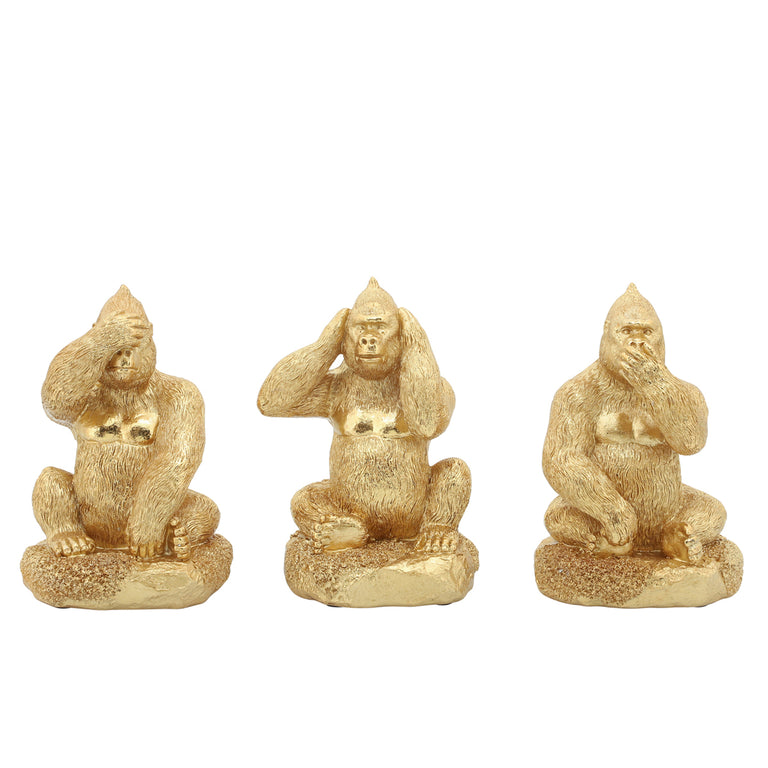 HEAR, SPEAK, SEE NO EVIL GORILLAS, GOLD | FIGURINE