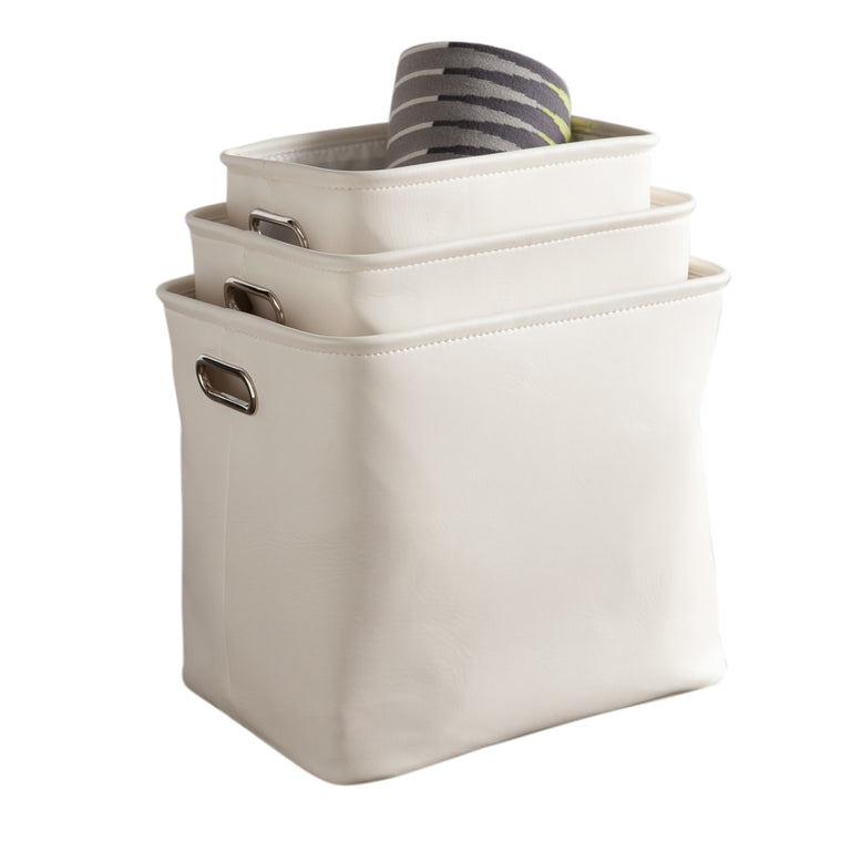 FAUX LEATHER STORAGE TOTES - ECRU - SET OF 3 | STORAGE