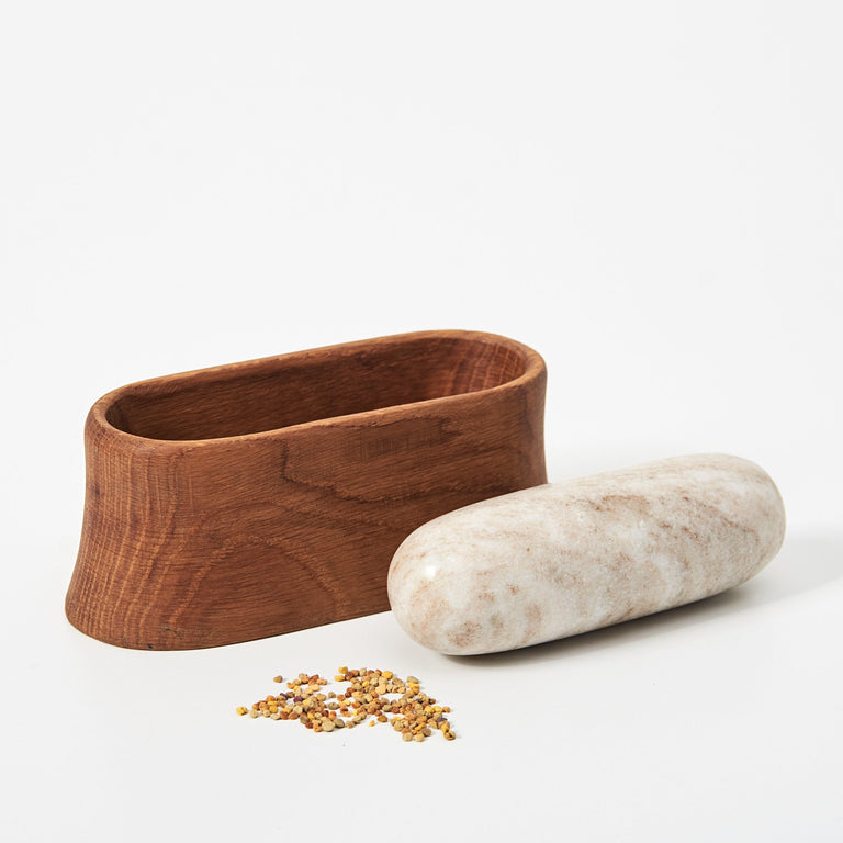 OAK MORTAR AND MARBLE PESTLE