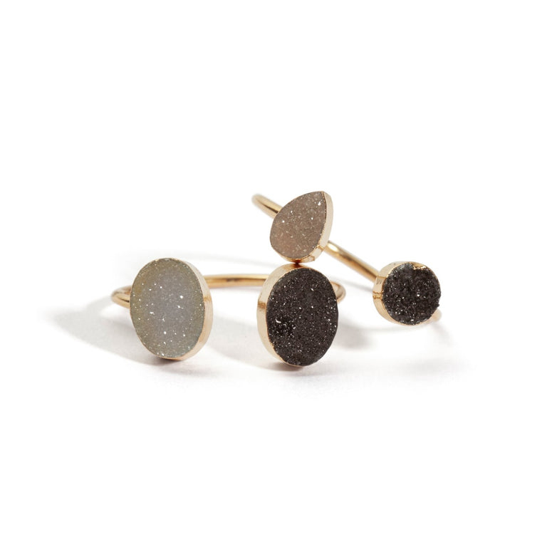 DOUBLE DRUSY ADJUSTABLE RING BLACK & WHITE SET OF 2| JEWELRY