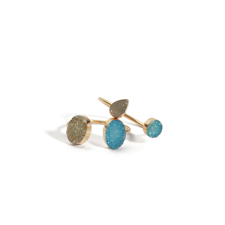 DOUBLE DRUSY ADJUSTABLE RING BLUE & WHITE SET OF 2 | JEWELRY