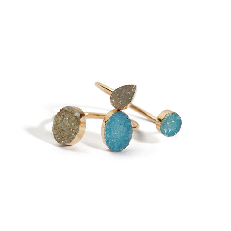 DOUBLE DRUSY ADJUSTABLE RING BLUE & WHITE SET OF 2| JEWELRY