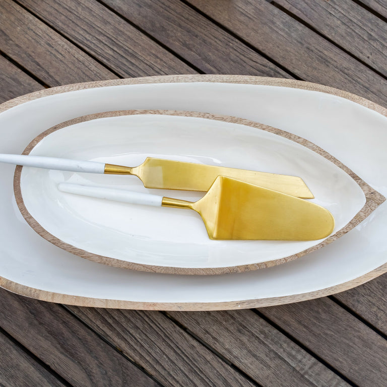 MANGO WOOD & WHITE ENAMEL OVAL DISH, SMALL | ENTERTAINING