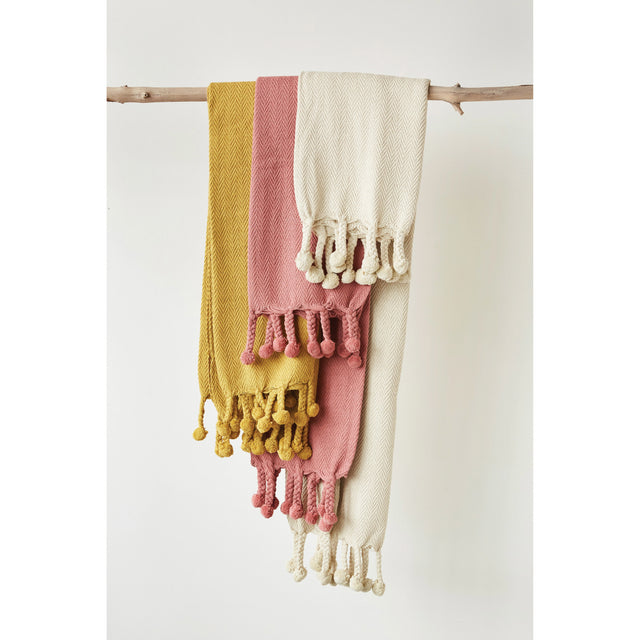 IVORY BRAIDED POM TASSEL THROW | THROWS