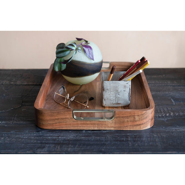ACACIA WOOD TRAY WITH GOLD FINISH HANDLES | ENTERTAINING