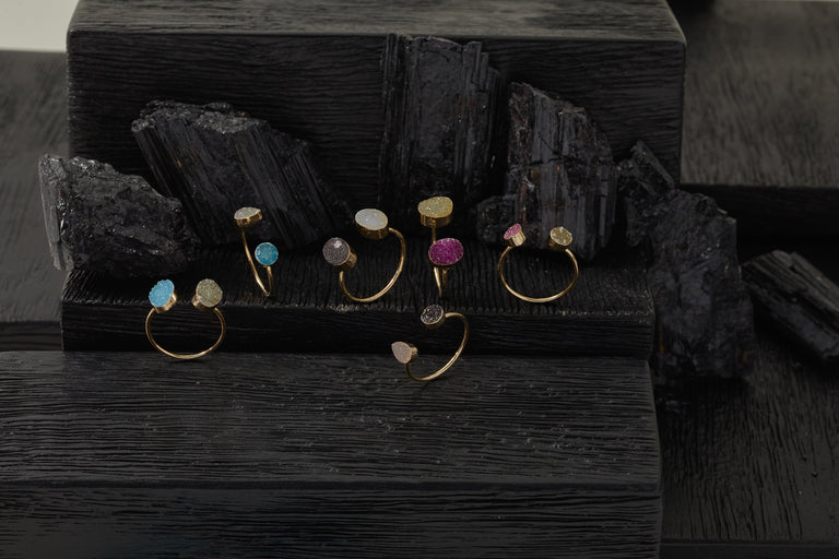 DOUBLE DRUSY ADJUSTABLE RING BLUE & WHITE SET OF 2 | JEWELRY