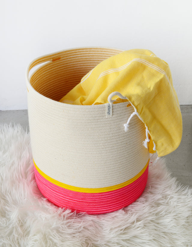 PINK & YELLOW COTTON HANDLE CYLINDER BASKET