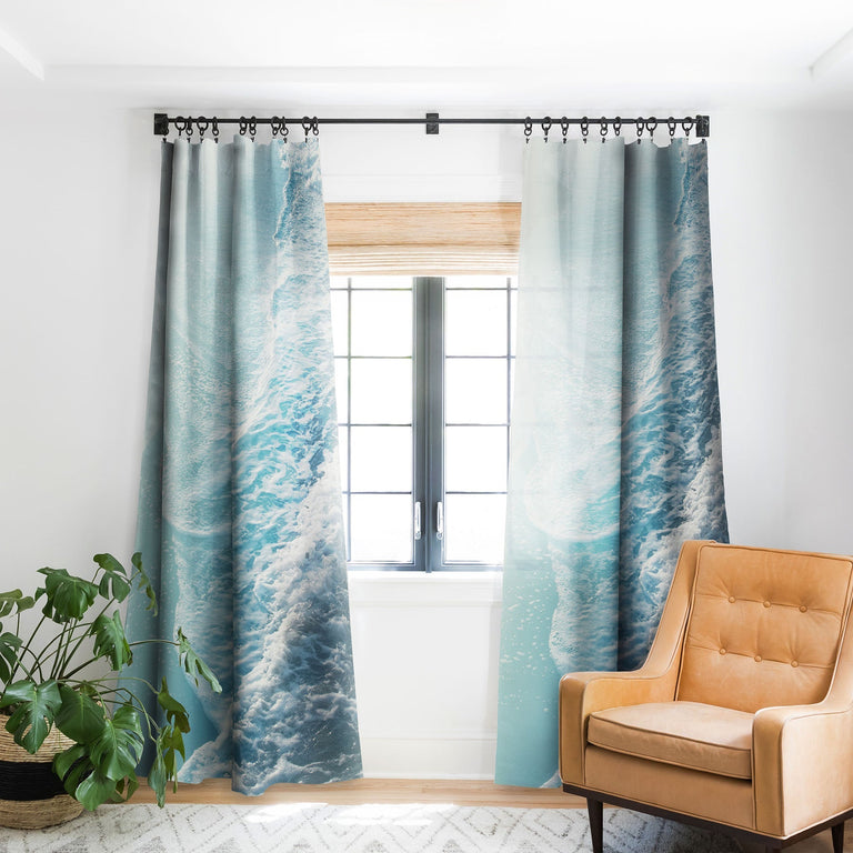 SOFT TURQUOISE OCEAN DREAM WAVES BLACKOUT NON REPEAT WINDOW CURTAIN