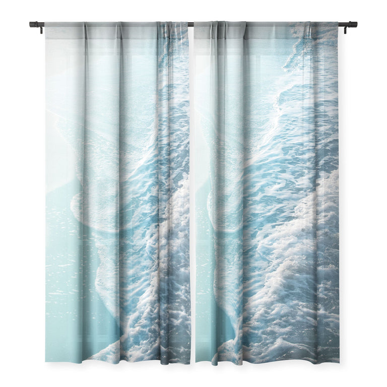 SOFT TURQUOISE OCEAN DREAM WAVES SHEER NON REPEAT WINDOW CURTAIN