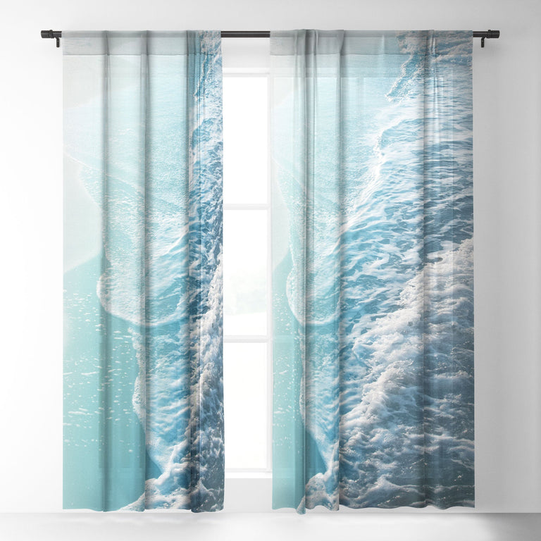 SOFT TURQUOISE OCEAN DREAM WAVES SHEER NON REPEAT WINDOW CURTAIN