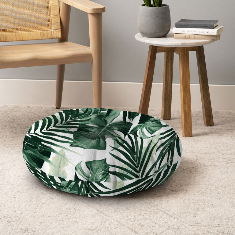Tropical Jungle Leaves 4 Floor Pillow Round