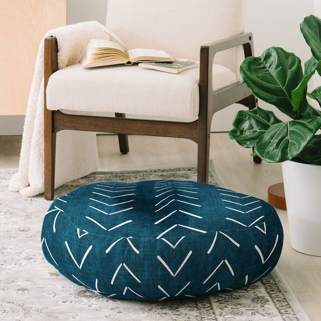 Mud Cloth Big Arrows in Teal Floor Pillow Round