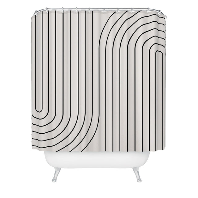 COLOUR POEMS MINIMAL LINE CURVATURE BLACK AND WHITE SHOWER CURTAIN