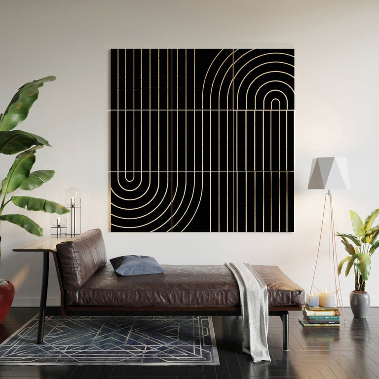 Minimal Line Curvature Black Wood Wall Mural