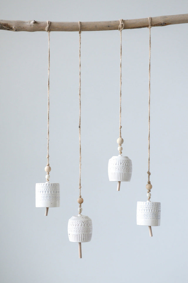 WHITE STONEWARE BELLS | SPIRITED DECOR | BOHO CHIC