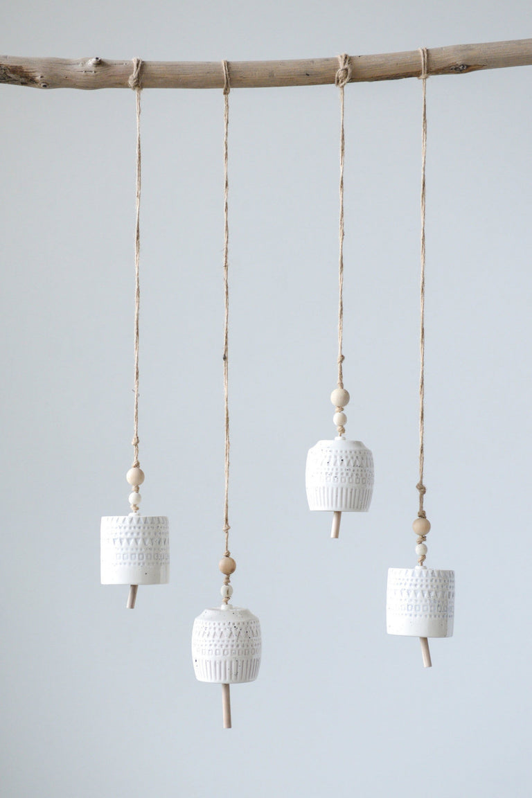 WHITE STONEWARE BELLS | SPIRITED DECOR | BOHO CHIC