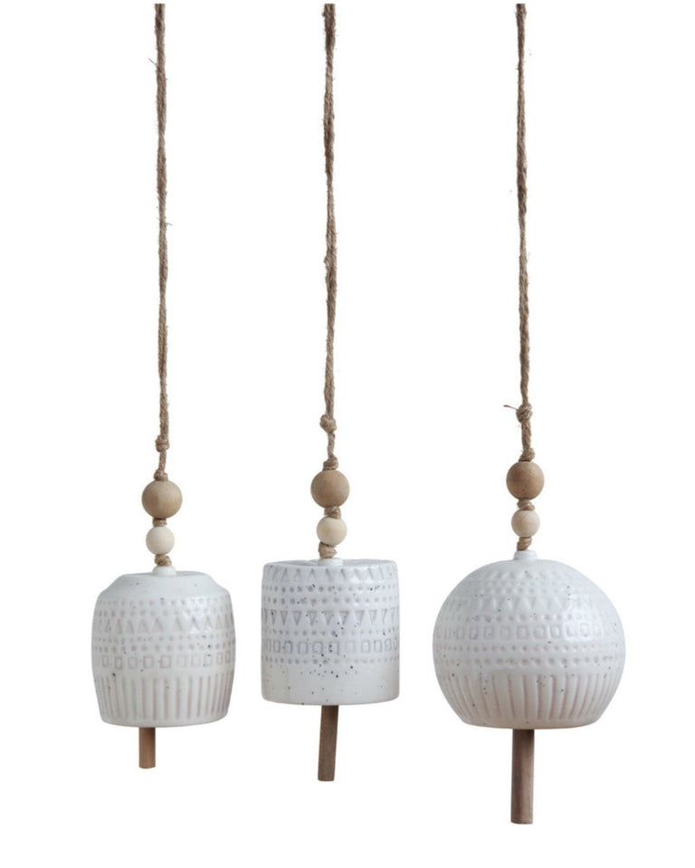 WHITE STONEWARE BELLS | SPIRITED DECOR | BOHO CHIC