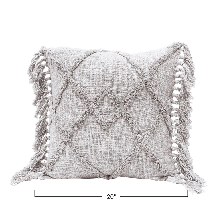 GREY TUFTED COTTON FRINGE PILLOW