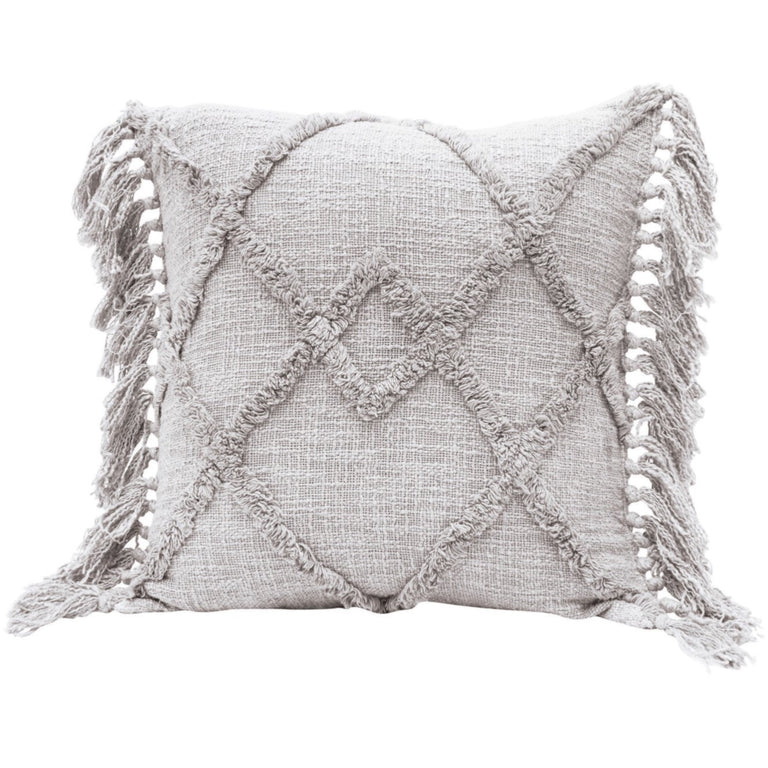 GREY TUFTED COTTON FRINGE PILLOW