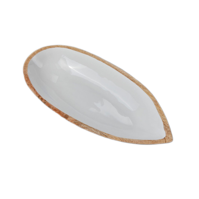 MANGO WOOD & WHITE ENAMEL OVAL DISH, SMALL | ENTERTAINING