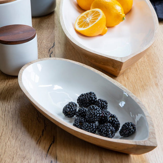 MANGO WOOD & WHITE ENAMEL OVAL DISH, SMALL | ENTERTAINING