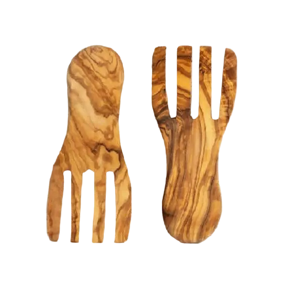 Olive Wood Salad Servers Flat Forks Set