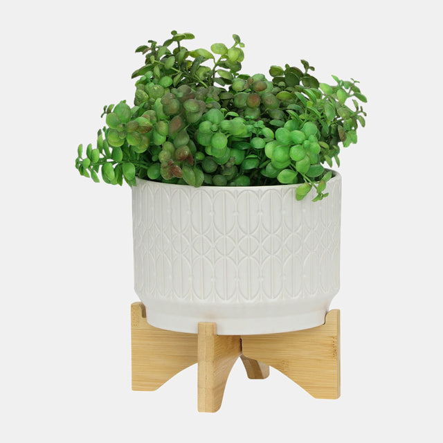 WHITE DECO EMBOSSED PLANTER & STAND | FLORA