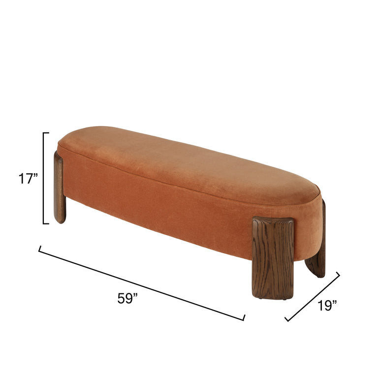 BENCH, TERRACOTTA VELVET AND BROWN SUGAR OAK