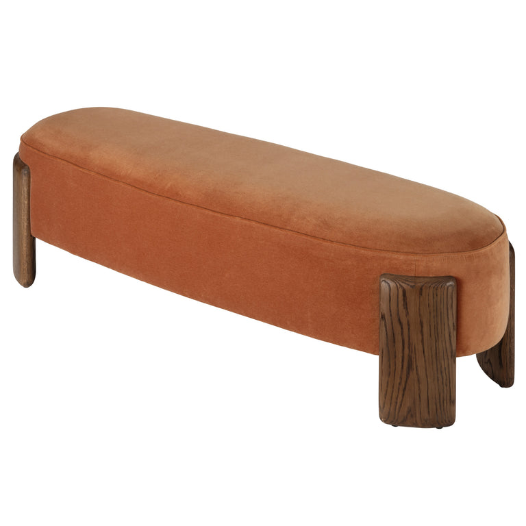 BENCH, TERRACOTTA VELVET AND BROWN SUGAR OAK