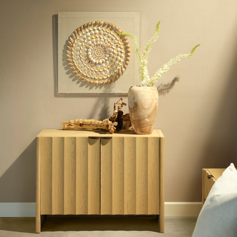 FLUTED TWO DOOR CABINET, PALE OAK