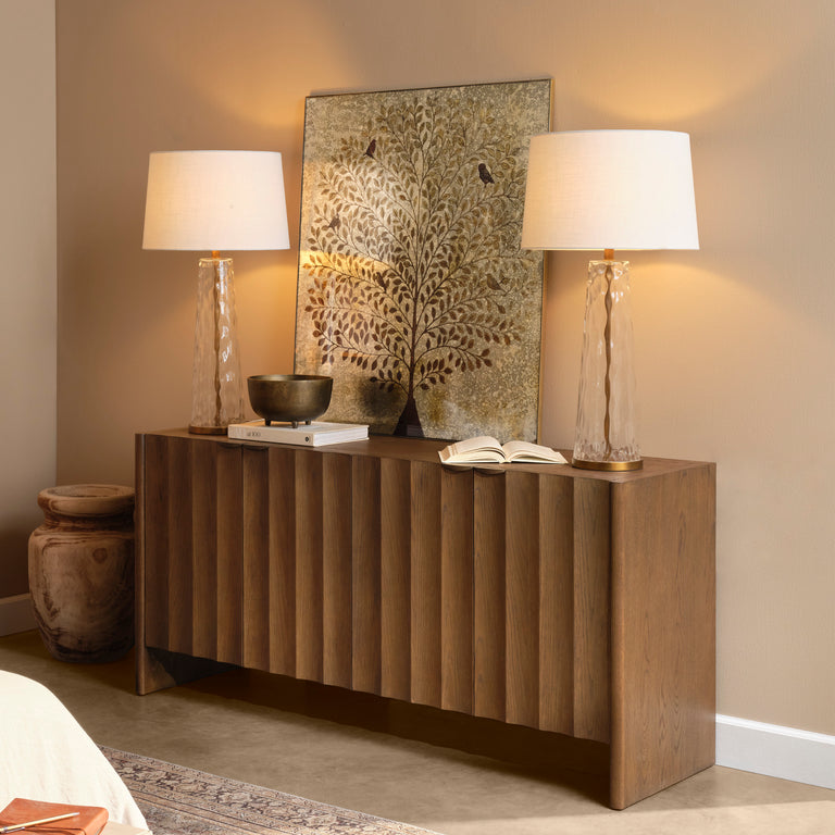 FLUTED FOUR DOOR CREDENZA, SUGAR OAK