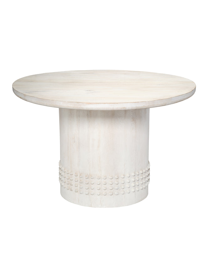 STUDDED BISTRO DINING TABLE, WHITE WASHED WOOD