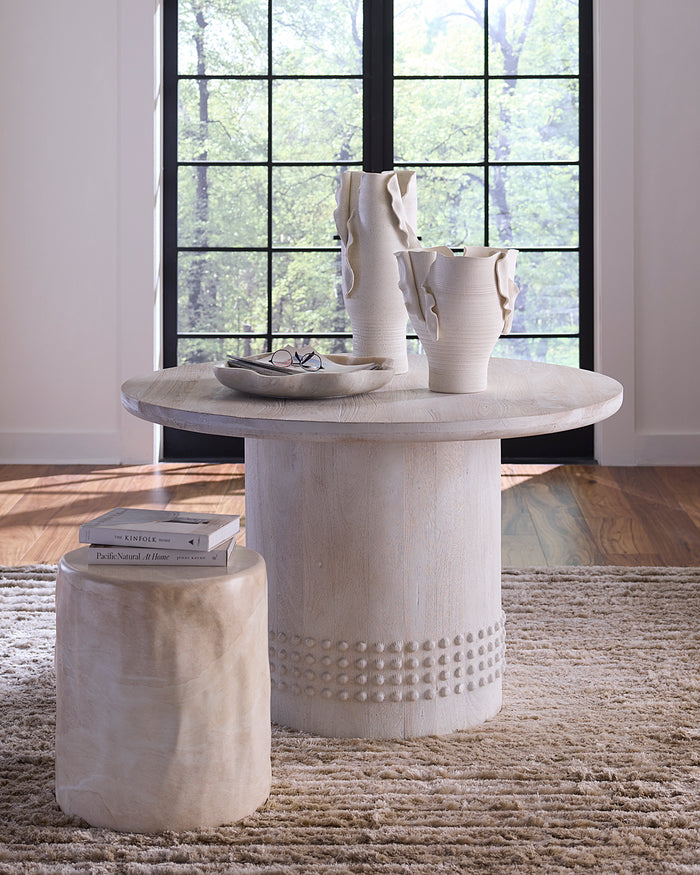 STUDDED BISTRO DINING TABLE, WHITE WASHED WOOD