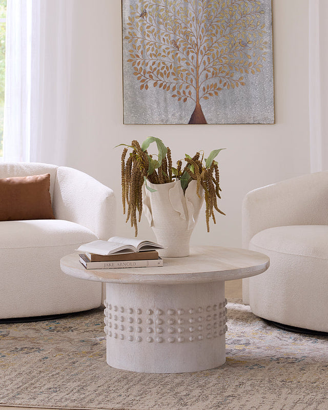 STUDDED COFFEE TABLE, WHITE WASHED WOOD