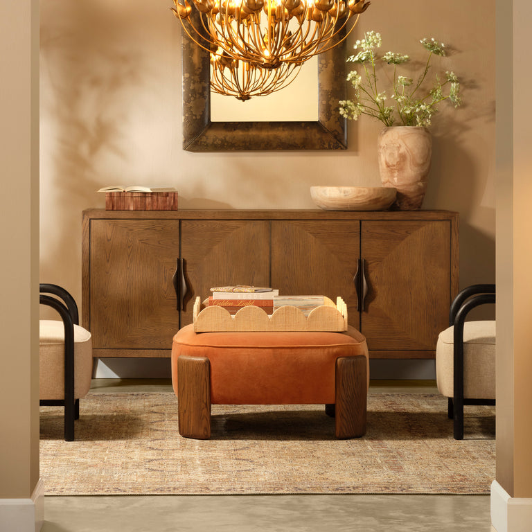 OTTOMAN, TERRACOTTA VELVET AND BROWN SUGAR OAK