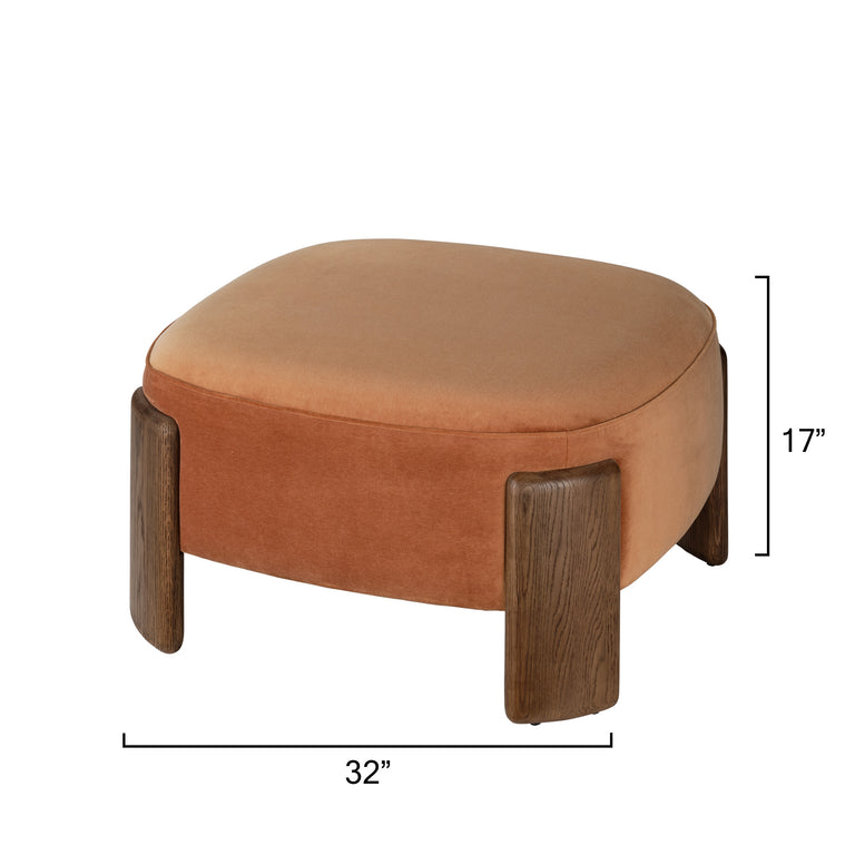 OTTOMAN, TERRACOTTA VELVET AND BROWN SUGAR OAK