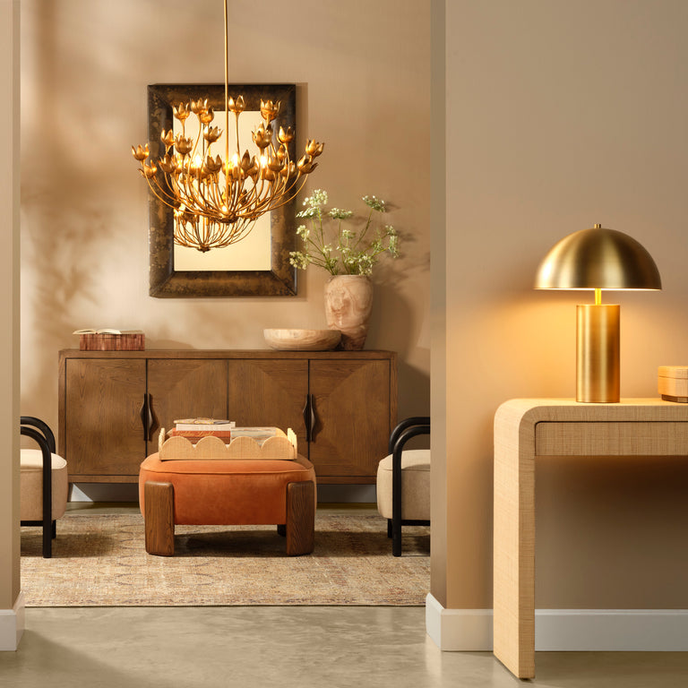 OTTOMAN, TERRACOTTA VELVET AND BROWN SUGAR OAK