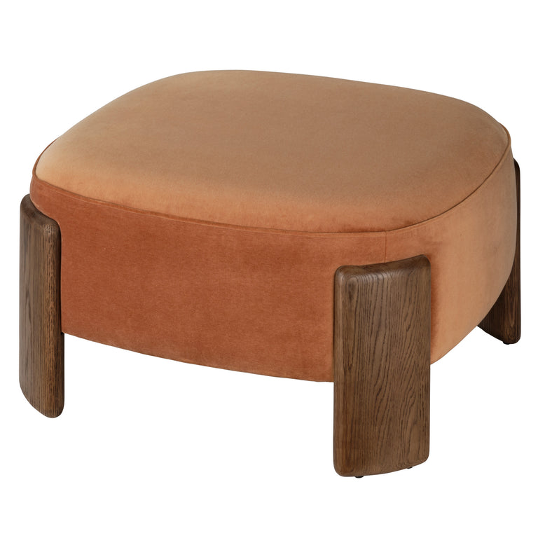 OTTOMAN, TERRACOTTA VELVET AND BROWN SUGAR OAK