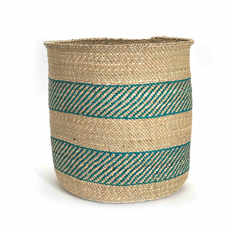 African Iringa woven basket with Turquoise Stripe