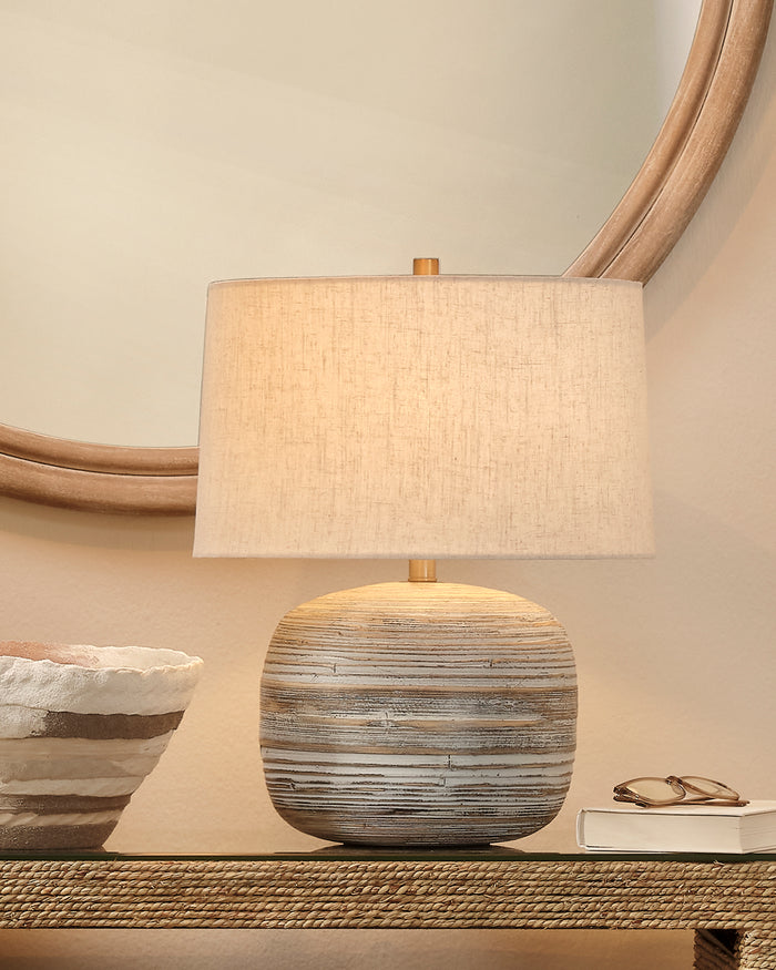 COCOON TABLE LAMP, WHITE WASHED BAMBOO