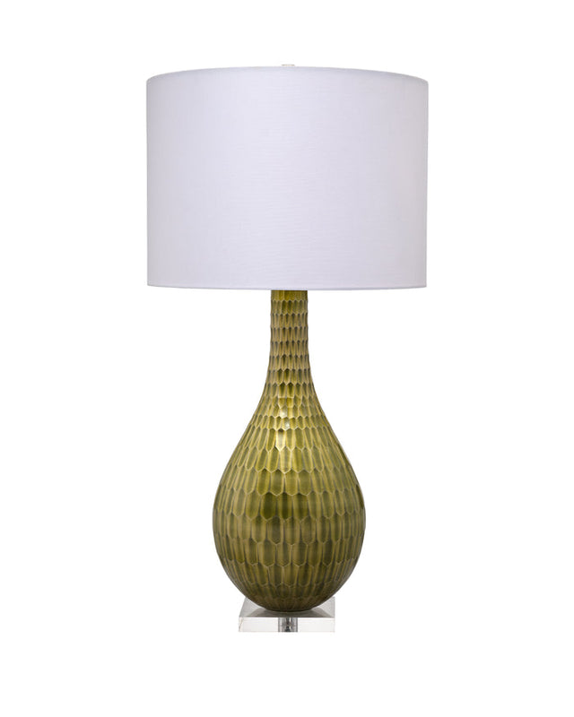 SERPENTINE TABLE LAMP, CHARTREUSE ETCHED GLASS