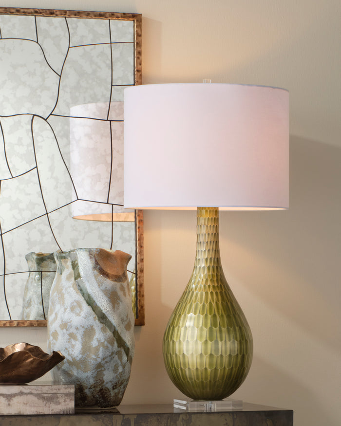 SERPENTINE TABLE LAMP, CHARTREUSE ETCHED GLASS