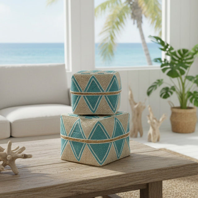 BLUE & WHITE DIAMOND BEADED BOXES (BALI ) | STORAGE