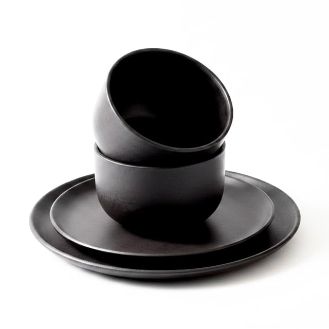 Tunisian 12pc Dinnerware set - Dinner Plate, Side Plate + Bowl - Matte Black